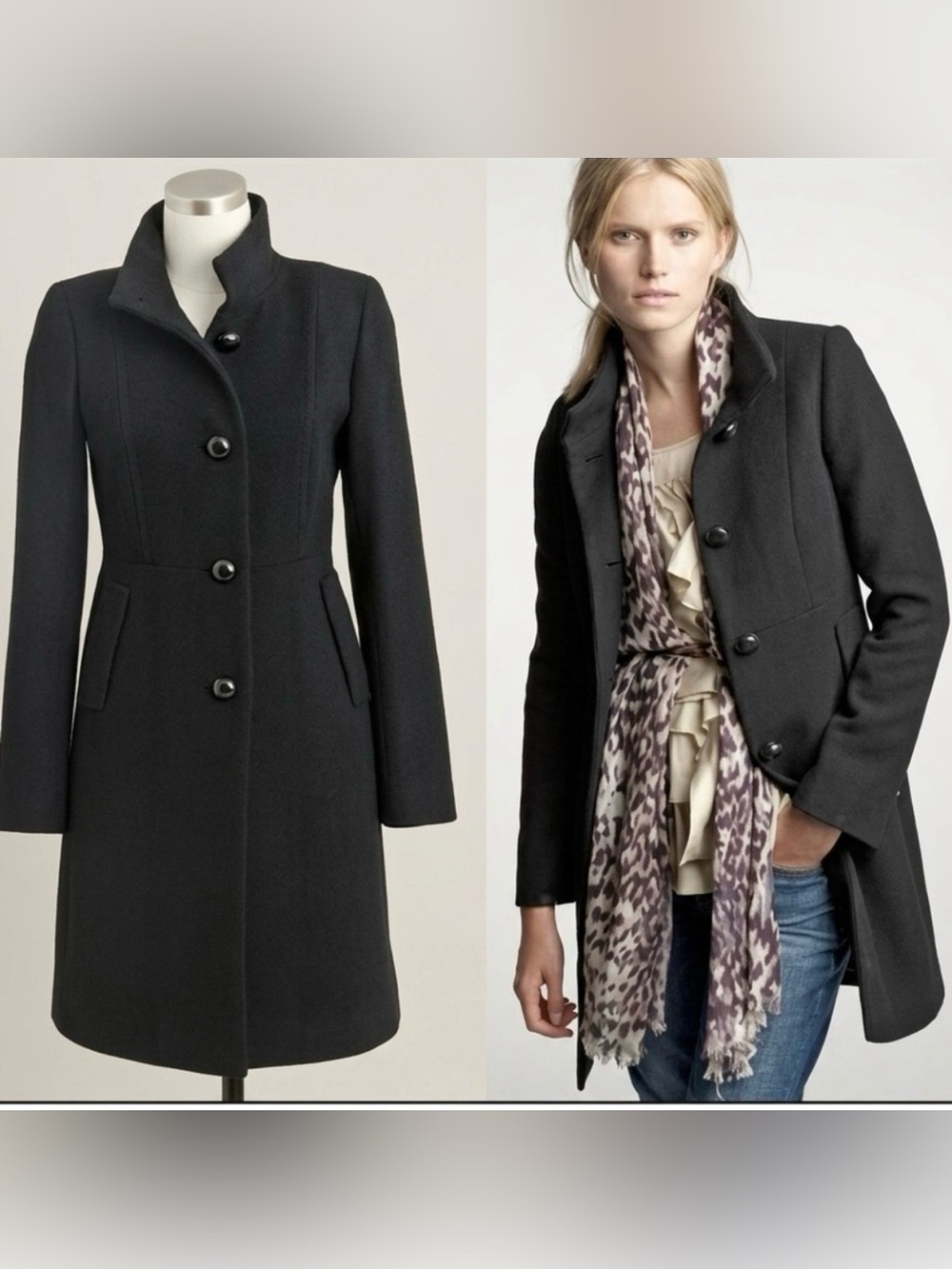J. Crew Black Wool Blend Double Cloth Carlin Coat with Stand Collar